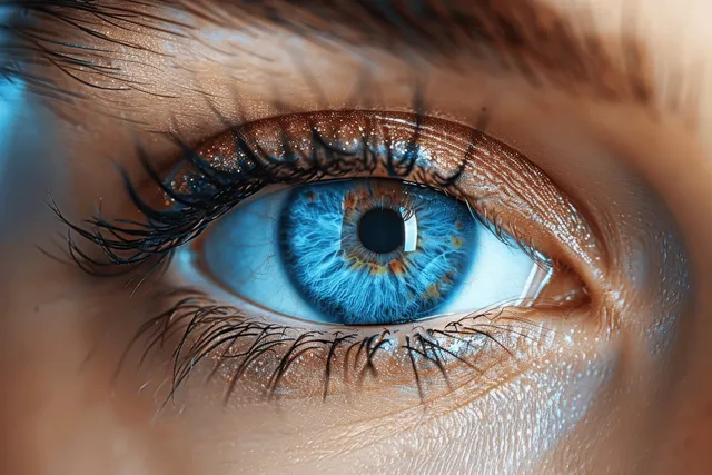 Close-up blue human eye with vibrant iris reflections and detailed eyelashes