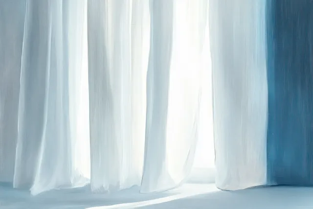 Soft white sheer curtains hang in vertical folds as gentle daylight streams through the window.