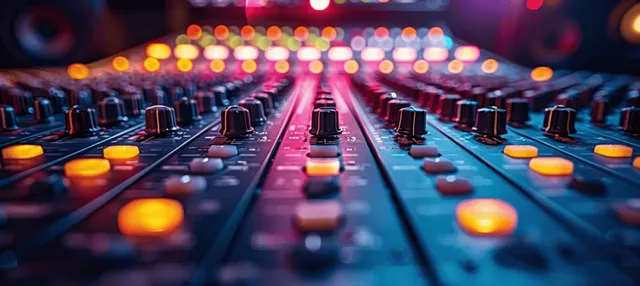 Close-up of an illuminated audio mixing console with colorful lights across rows of faders.