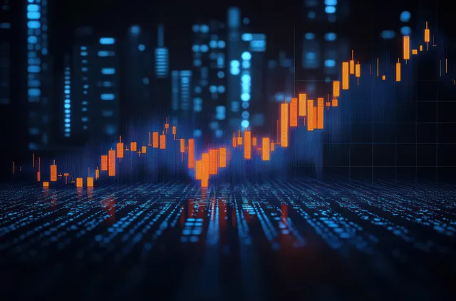 Glowing orange candlestick chart climbing upward over blue futuristic data grid