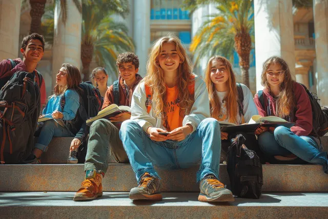 Diverse students sit on university campus steps studying with notebooks and tablets while chatting in sunlight.