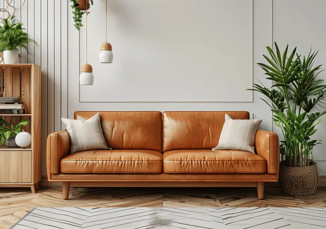 Brown leather sofa in a Scandinavian living room with a wooden cabinet, plants, pendant lights, and striped rug.