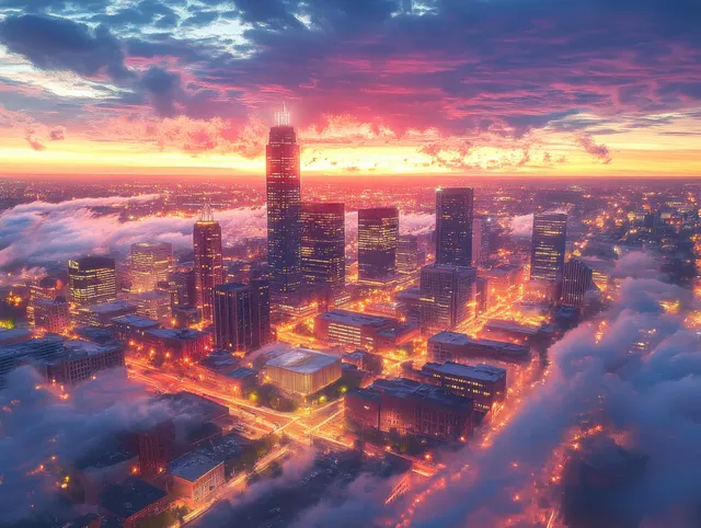 Aerial sunset skyline over Downtown Omaha, Nebraska with glowing skyscraper lights and clouds