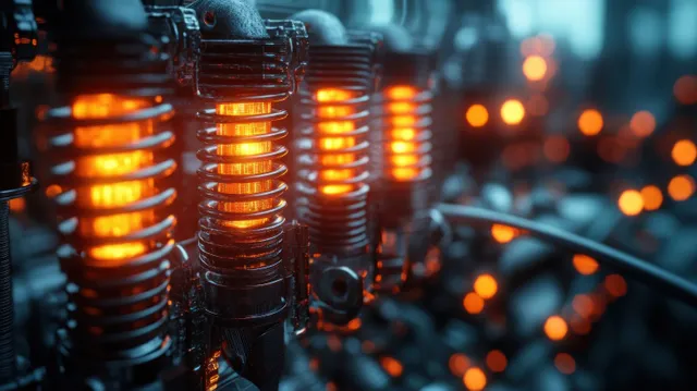 Glowing orange coil springs and machined metal components illuminated against a blurred blue industrial backdrop.