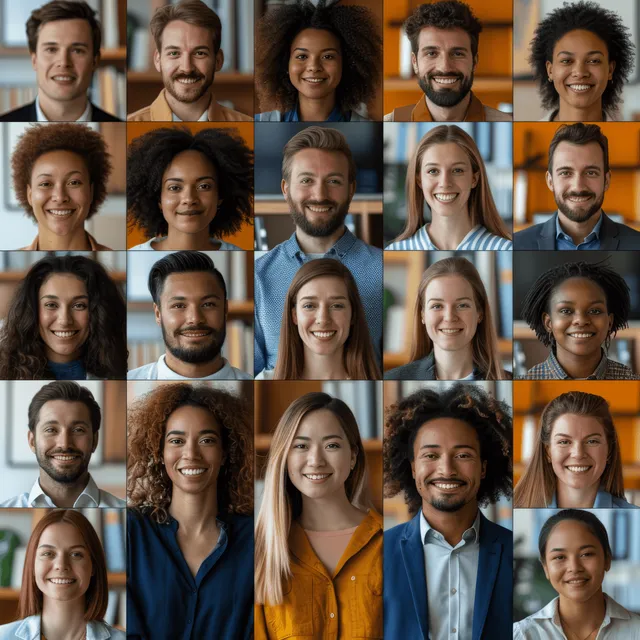 Diverse coworkers smiling in a collage of headshots across varied office backgrounds
