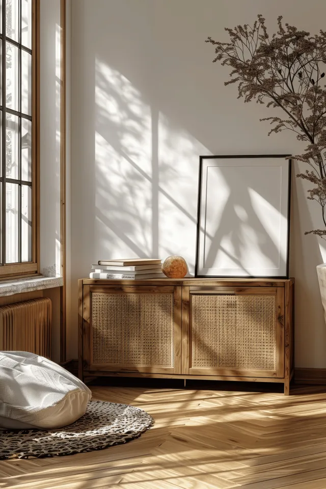 Wooden sideboard with mirror in a sunlit minimalist living room.