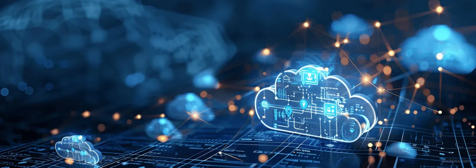 Glowing cloud database icons hover above a dark circuit board network.