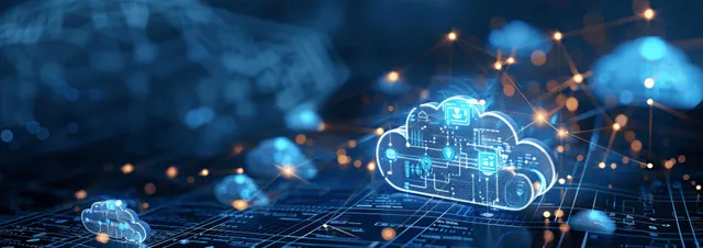 Cloud database network with glowing data icons on dark circuitry