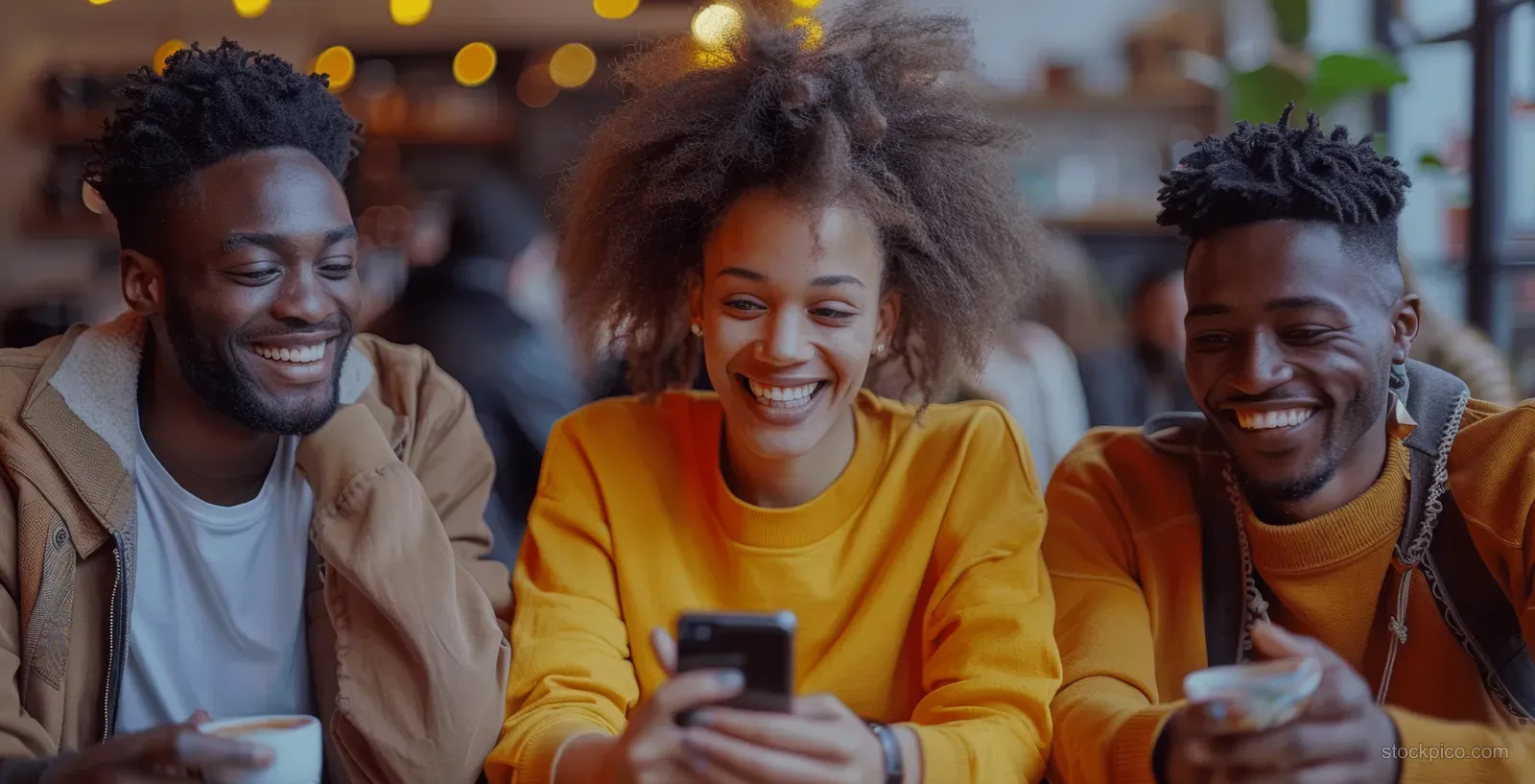 Friends at a modern cafe laugh while watching videos on their smartphones.