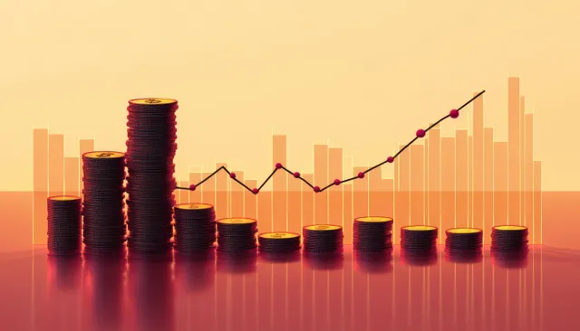 Gold coins in stacked columns with a rising line graph and bar chart on the background.