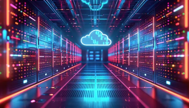 Futuristic data center corridor with glowing cloud icon and neon server racks