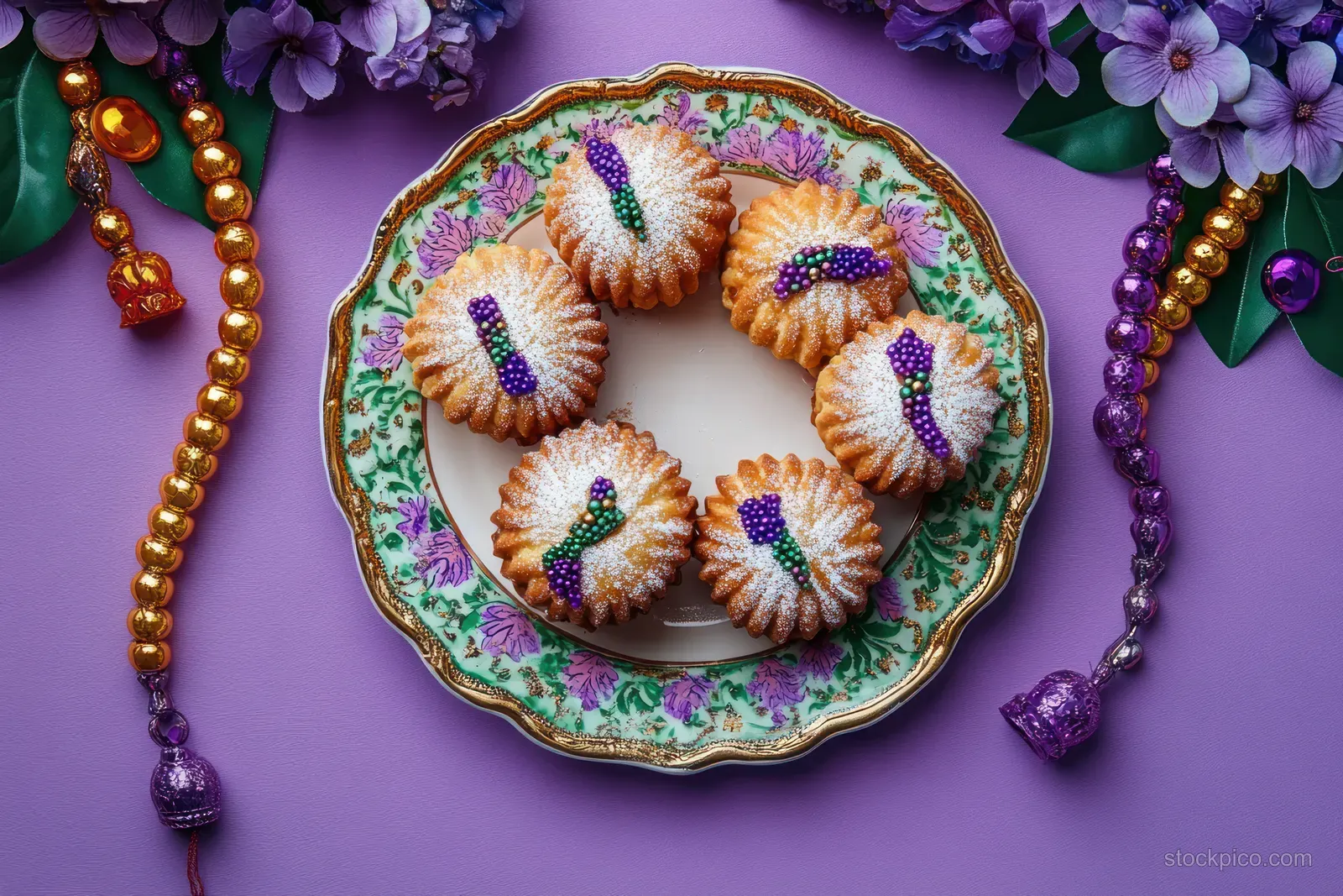 Six purple, green, and gold beaded cupcakes on a floral porcelain plate with purple flowers and bead necklaces.