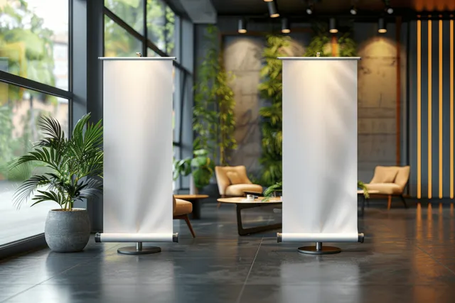 Two blank white roll-up banners stand indoors in a modern coffee shop office beside sofas and glass windows.