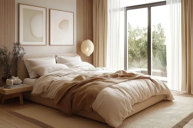 Cream and white bed linens in a minimalist bedroom, lit by a bedside lamp and daylight from a large window.