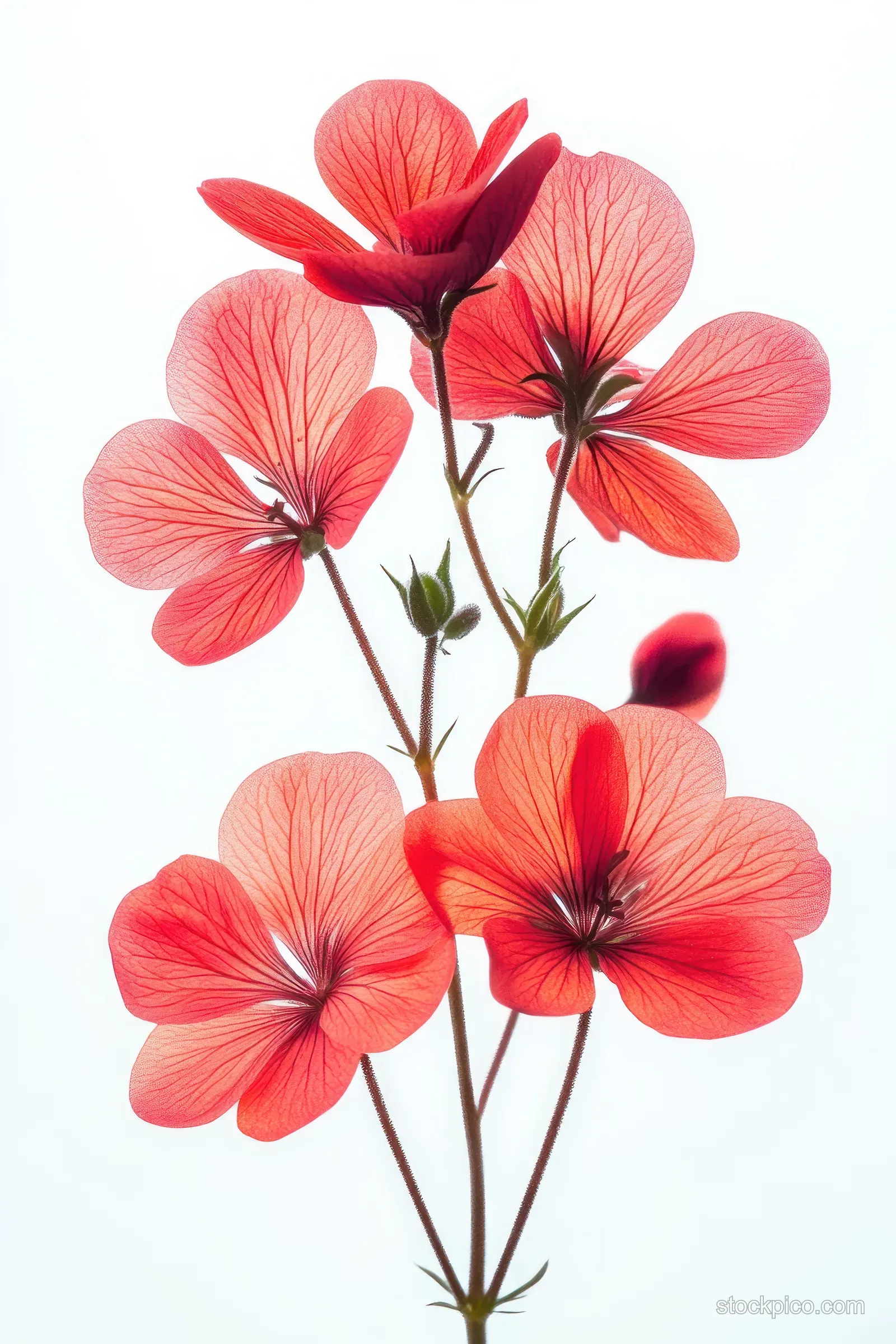 Red translucent flowers with visible petal veins and thin stems arranged on a bright white background.