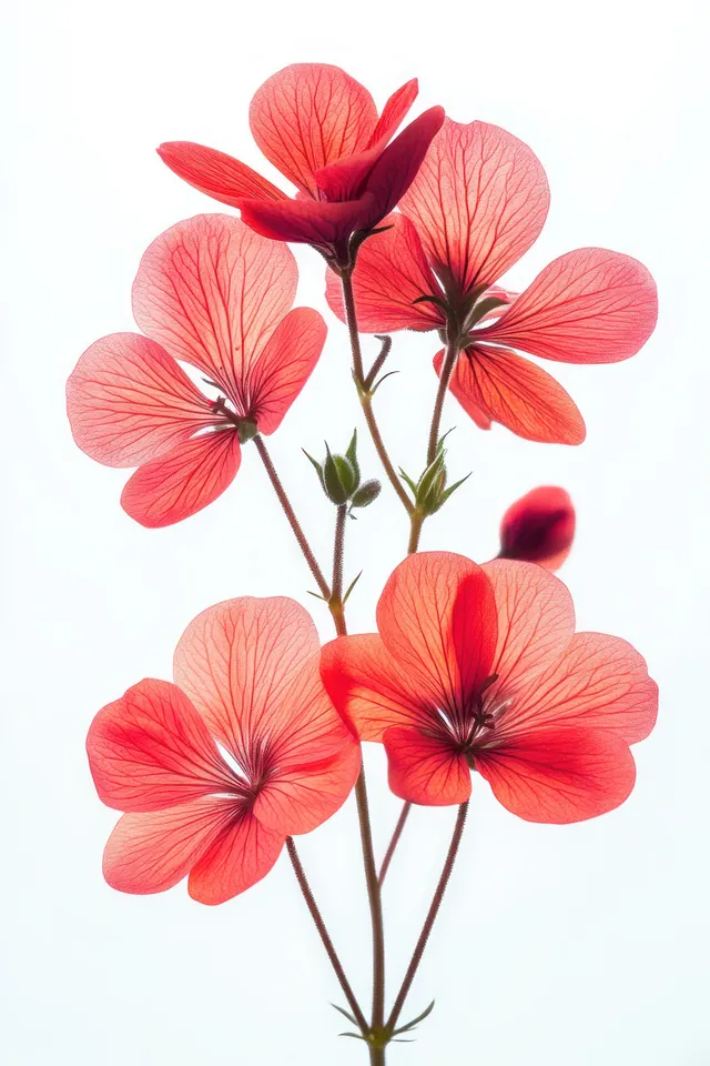 Red translucent flowers with visible petal veins and thin stems arranged on a bright white background.