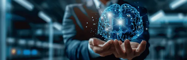 Businessman presenting a glowing holographic brain in futuristic office, data network overlay