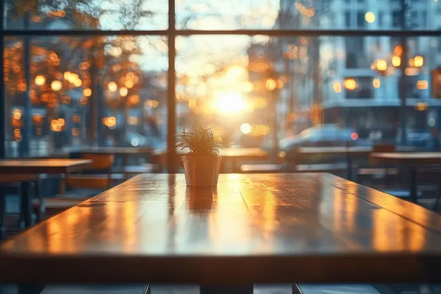 Blurred modern café interior with warm sunlight through panoramic windows and a wooden table in the foreground.