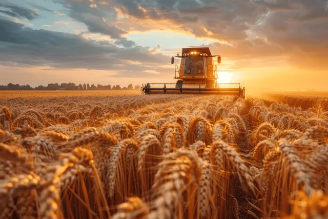 Combine harvester working through golden wheat field at sunset with warm engine glow and long shadows.