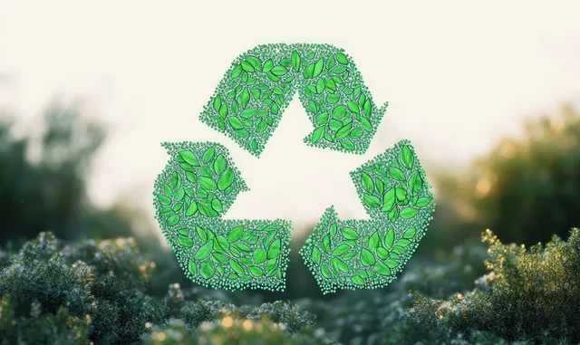 Leaf-shaped green recycling symbol floats above a sunlit bed of plants with small green dots.