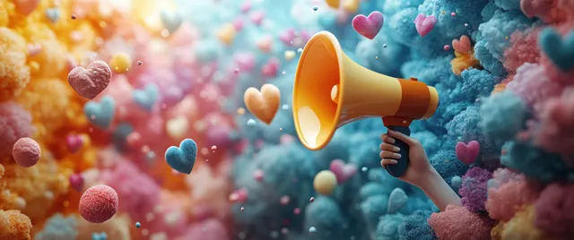 3D hand holding a golden megaphone releasing floating hearts into a colorful cyberspace