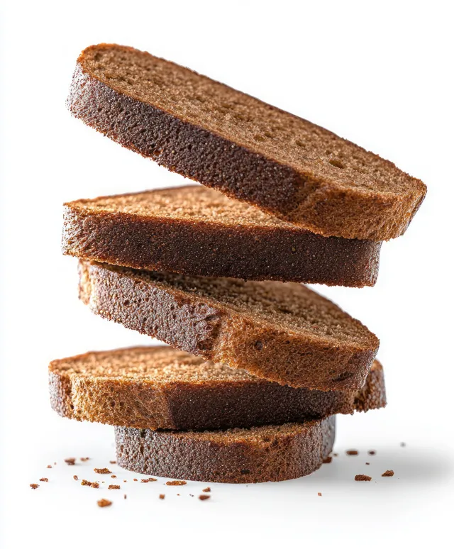 Dark rye bread slices stacked unevenly with scattered crumbs on a white background.