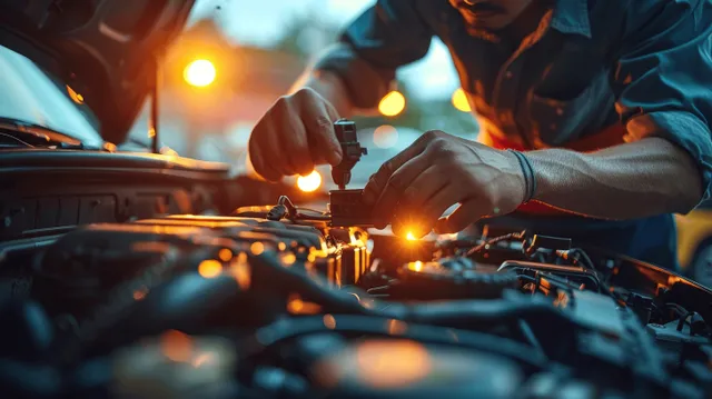 Mechanic checks car battery cables in engine bay with warm workshop lights and tools with Under Hood Inspection