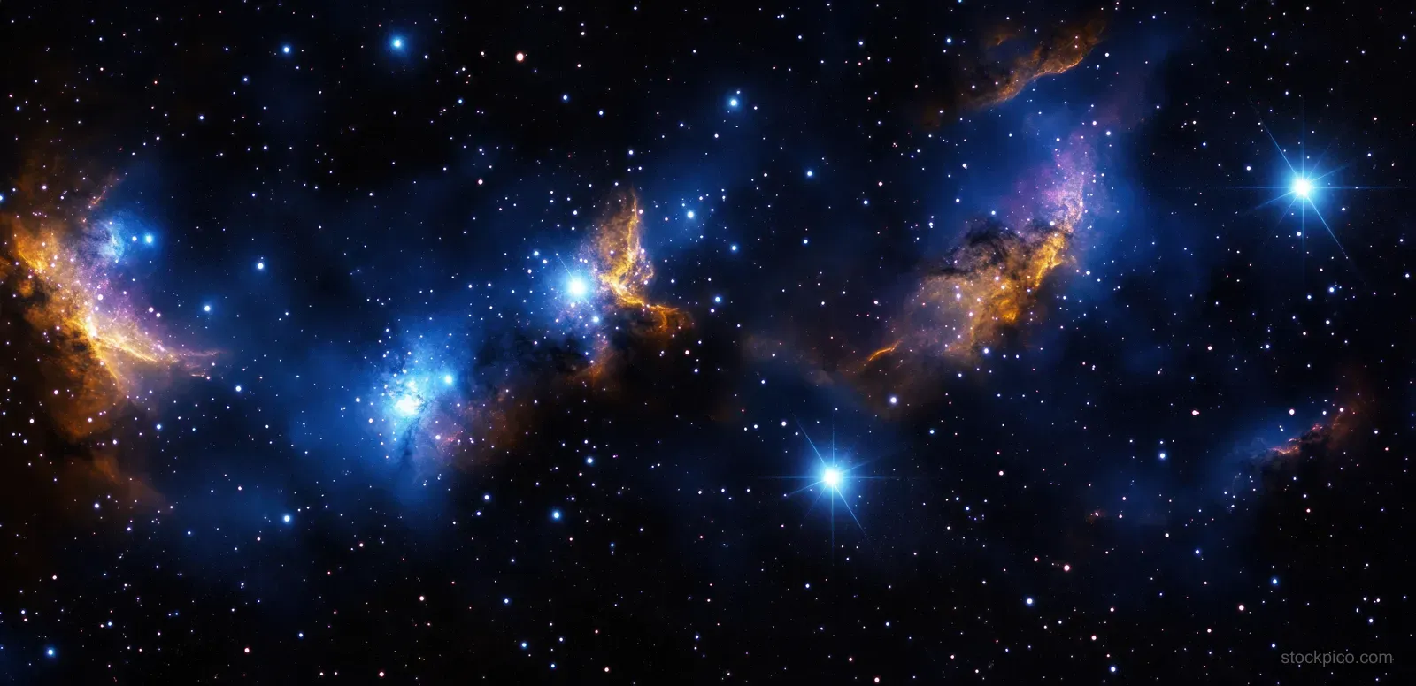 Dark blue starfield with glowing purple and orange nebula clouds across a deep cosmic night sky.