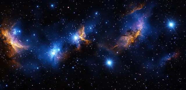 Dark blue starfield with glowing purple and orange nebula clouds across a deep cosmic night sky.