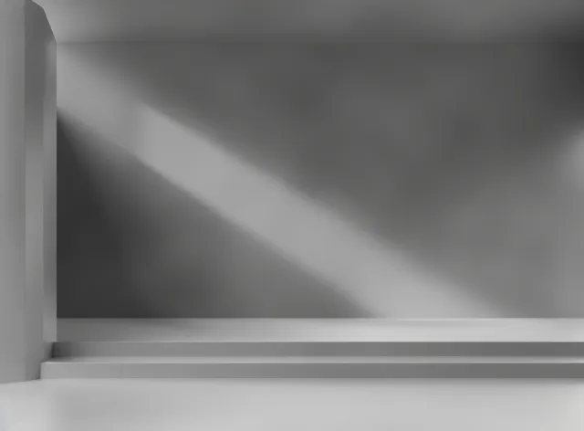 Minimal gray interior with soft light beam casting diagonal shadow across three ascending steps