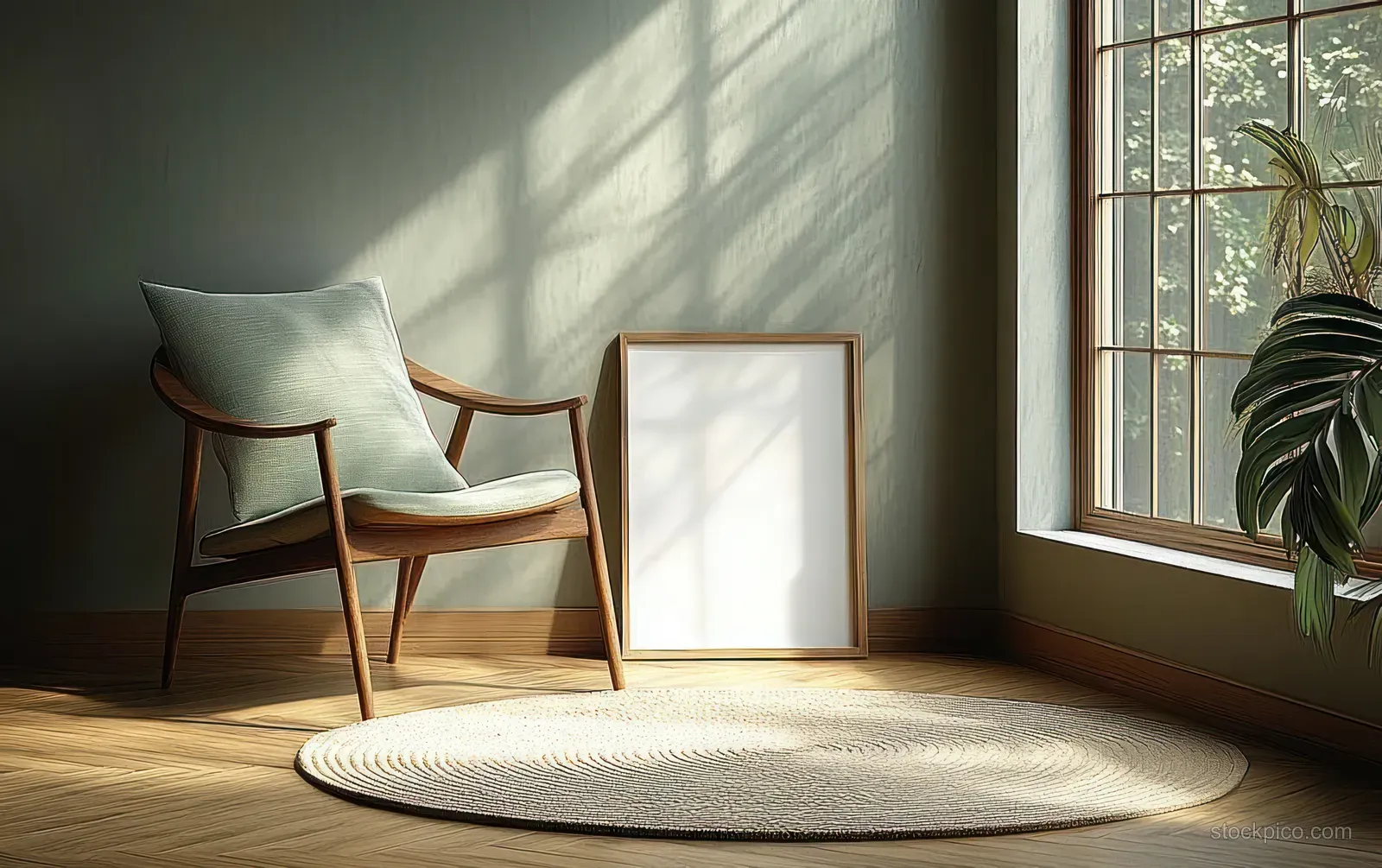Wooden armchair with green cushion next to a blank picture frame on a woven rug beside a sunlit window.