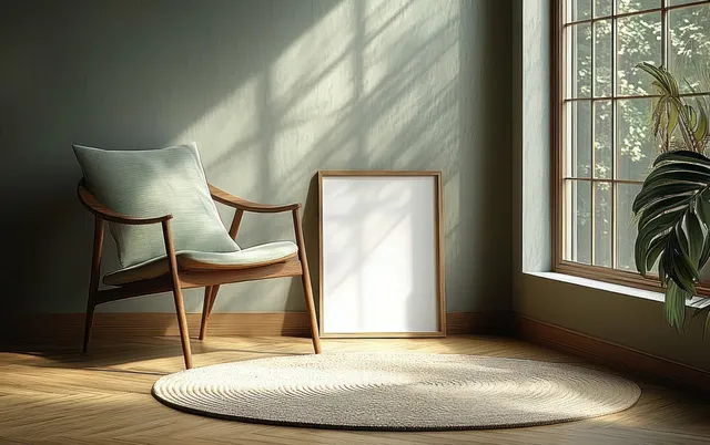 Wooden armchair with green cushion next to a blank picture frame on a woven rug beside a sunlit window.