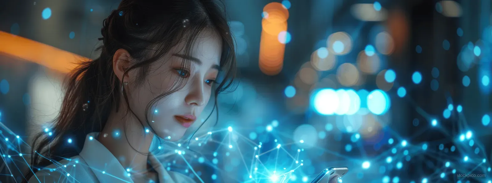 Woman using a smartphone with blue network graphics over a dark city background.