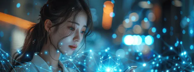 Woman using a smartphone with blue network graphics over a dark city background.
