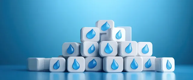 3D stacked square tiles with blue water-drop icons and highlights on a table against a blue gradient background.