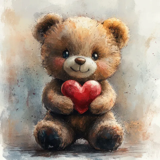 Watercolor teddy bear sitting and holding a red heart against a light textured background.