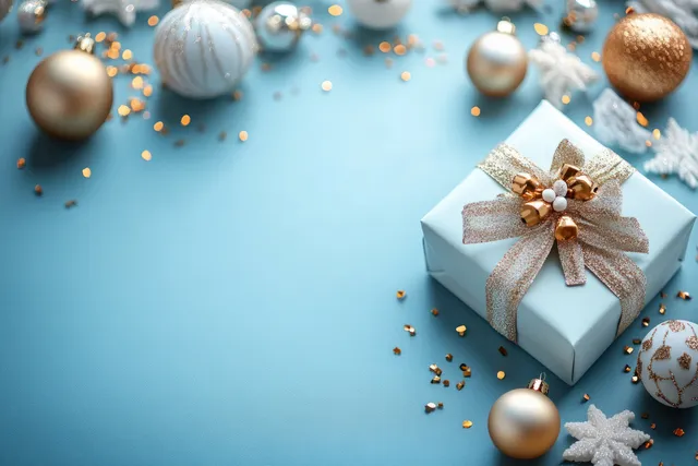 Minimalist Christmas greeting background featuring gold, white, and silver ornaments with a wrapped gift on a pastel blue surface.