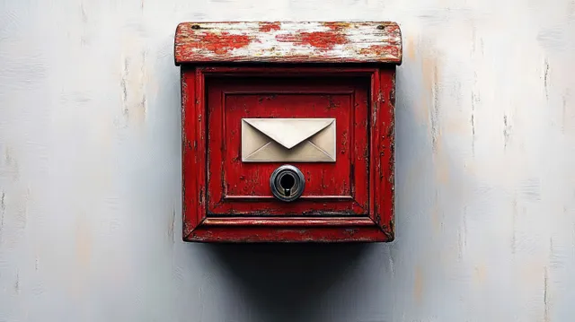 A red mailbox with a keyhole and a beige envelope inserted on a weathered gray wall.