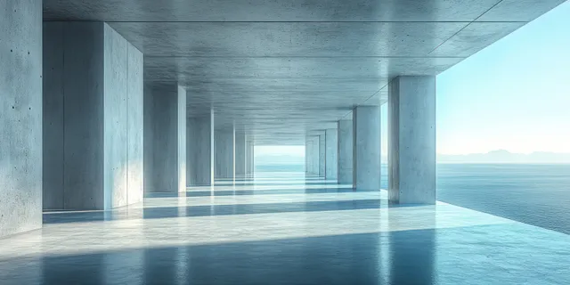 Empty concrete corridor with columns and a balcony opening to a distant ocean under soft natural light.