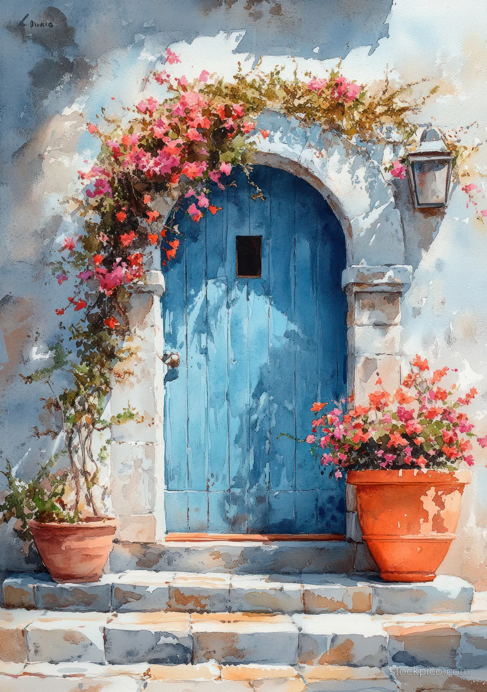 Watercolor painting of a bright blue door in stone arches with orange flower pots and pink blossoms on steps.