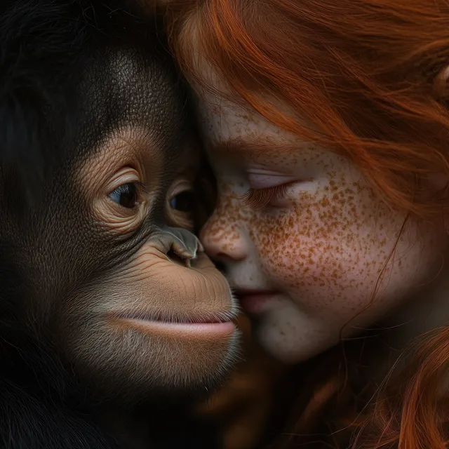 A freckled red-haired girl gently touches noses with a baby orangutan in a close-up portrait.