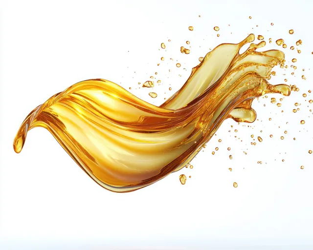 Hyper-realistic golden oil splash with dynamic liquid motion and droplets on a clean white background.