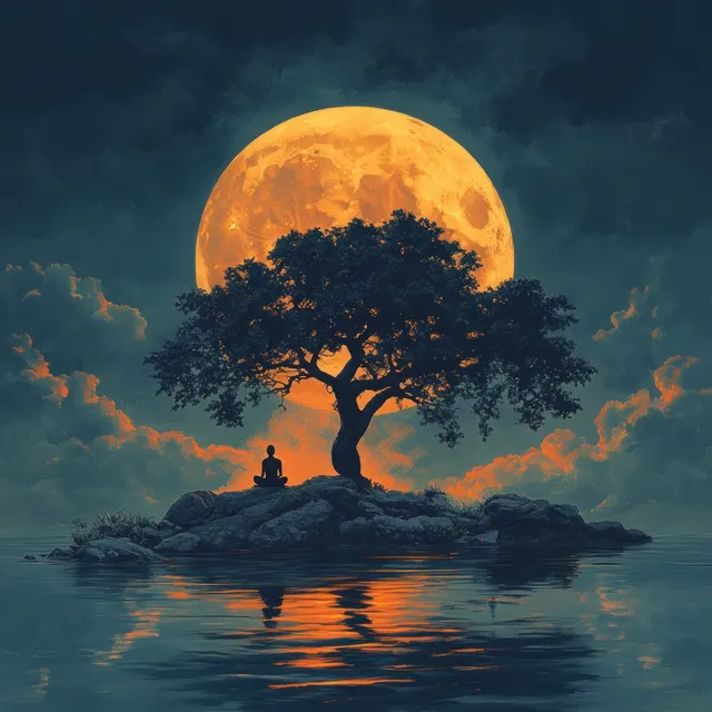 A meditating Buddha silhouette sits under a glowing full moon beside a lone tree on a small island.