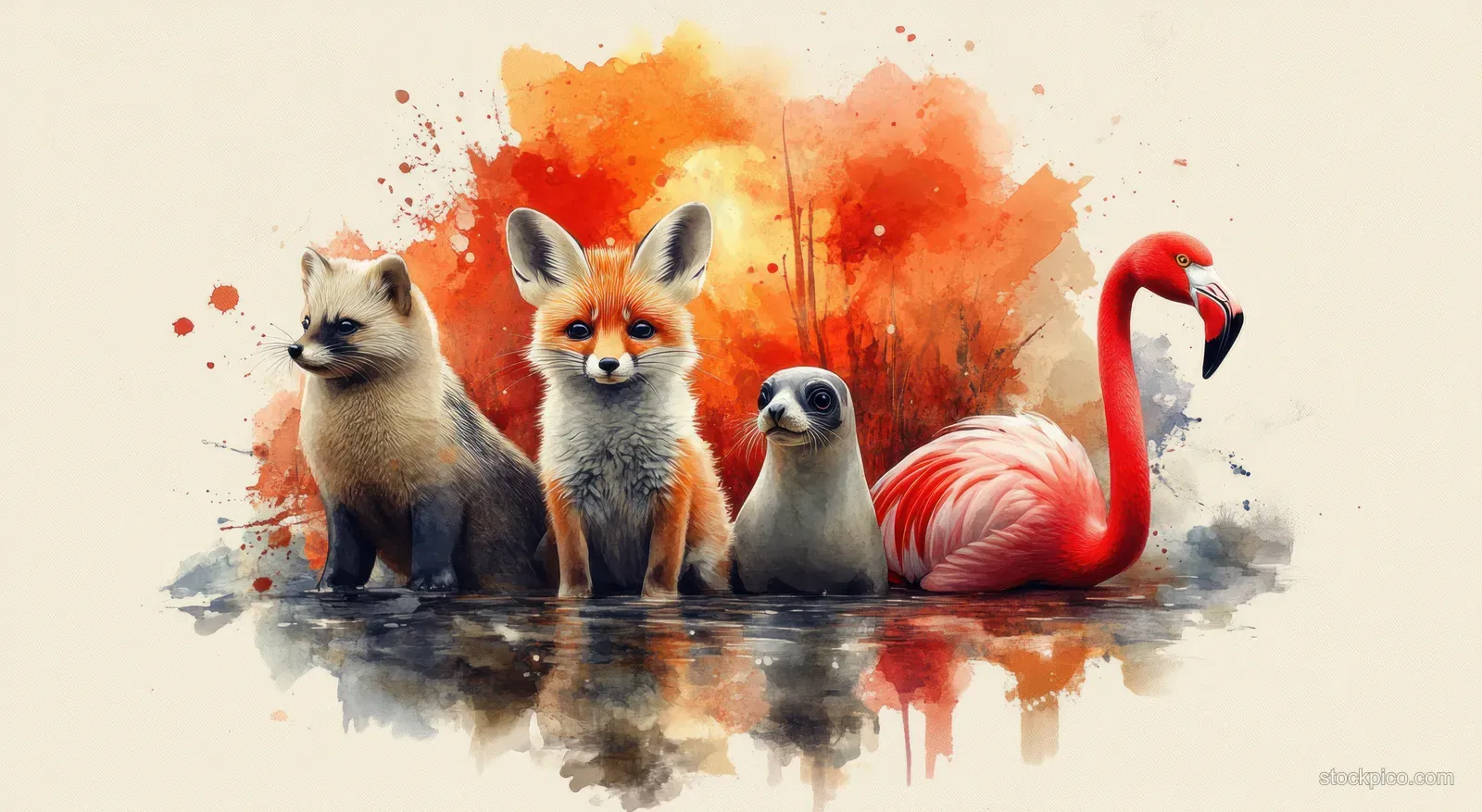 Watercolor zoo animals including a flamingo, fennec fox, and ferret with splattered paint backdrop.