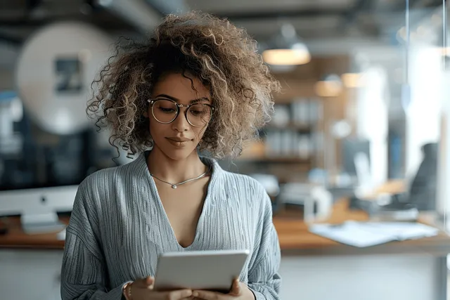 Mature woman with curly hair holding a tablet while seated in a modern office.