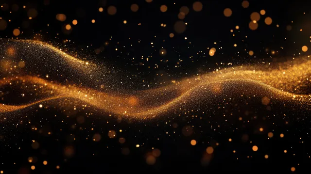 Golden particles swirling in luminous wave on dark background