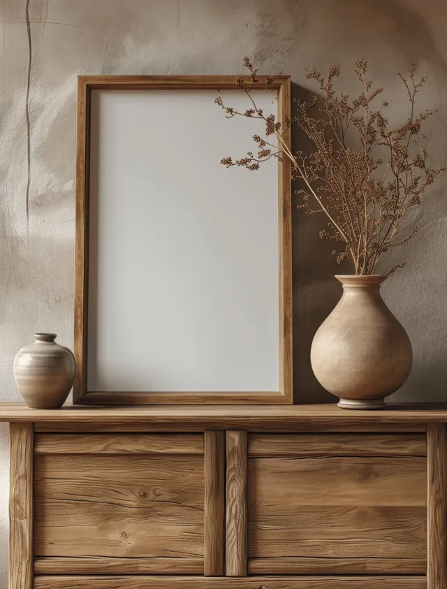 Blank poster in a rustic wooden frame on a console with pottery vases and dried branches.