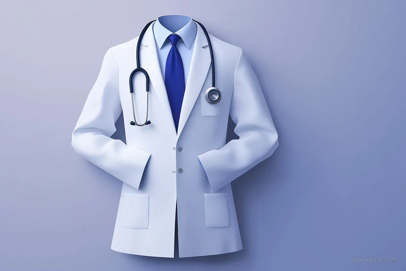 Minimalist white doctor coat with blue tie and stethoscope on a soft blue background with copy space.