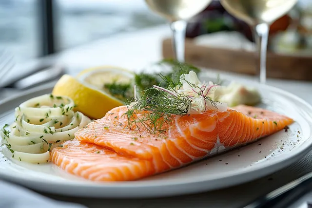 Raw salmon fillet plated with dill, lemon wedge, and sliced onions beside wine glasses