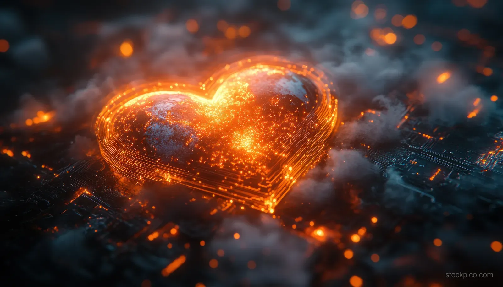 A glowing orange heart formed from particles hovers above a dark circuit board.